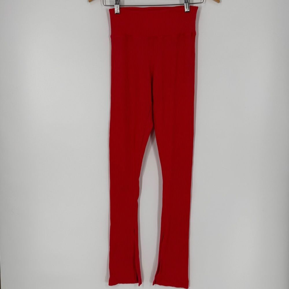Year of Ours 9 to 5 Ribbed Slit Hem Legging in Red | Small - Picture 3 of 9